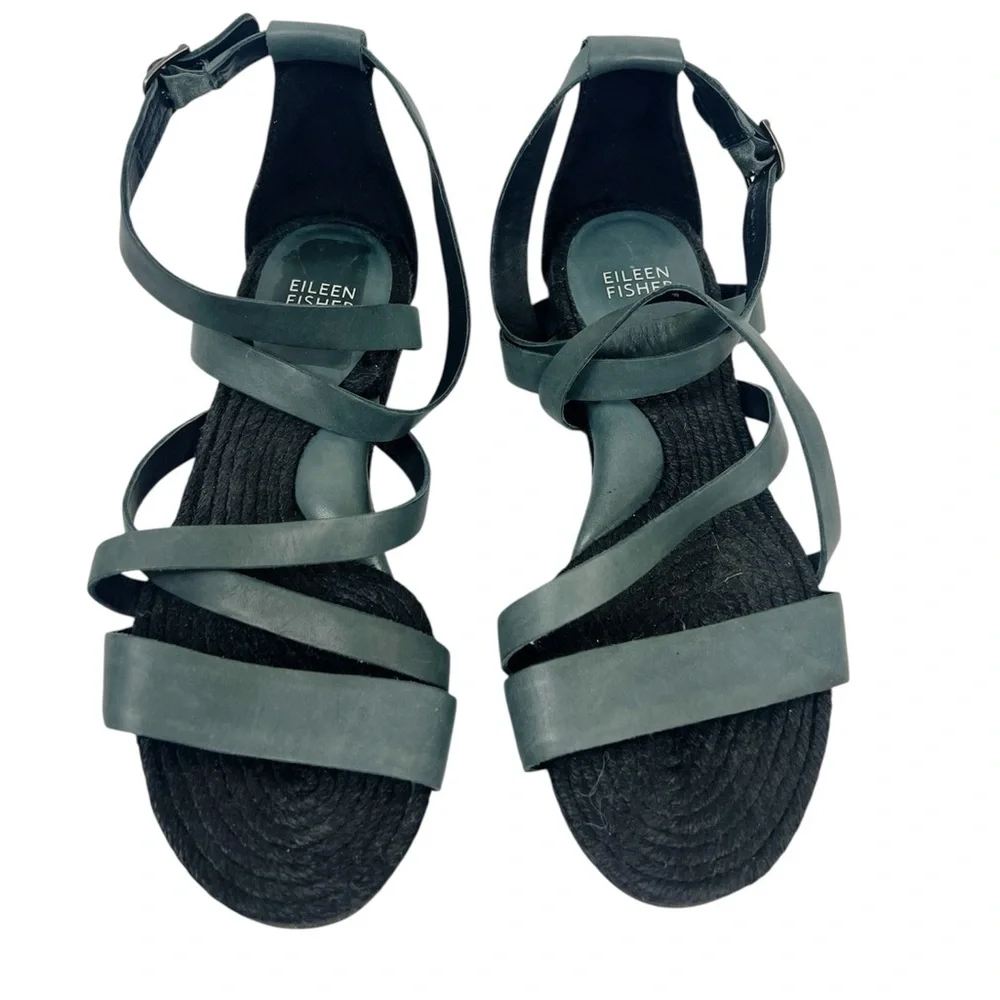 EUC Eileen Fisher Grey Nubuck Leather Strappy Espadrille Ankle Strap Sandal